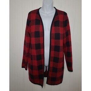 Croft & Barrow Sweater Cardigan Womens Medium Red Black Checkered Holiday Fall